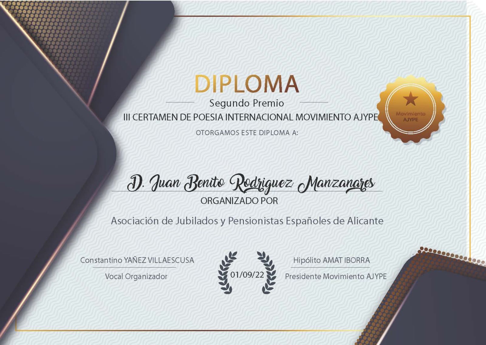 Segundo Premio del III Certamen de Poesía internacional del Movimiento AJYPE