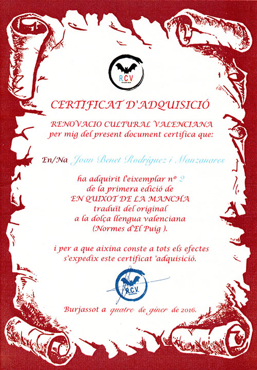 Certificado de compra del número 2 del Quijote en Valenciano