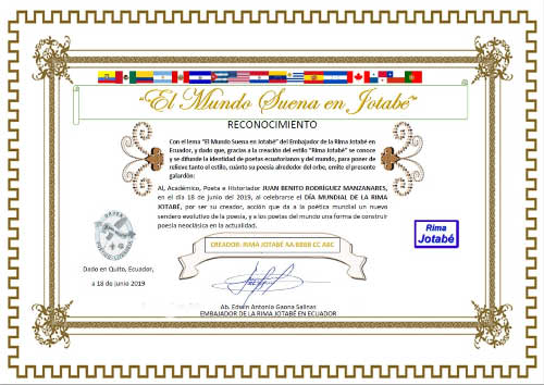 Reconocimiento a mi persona por el Día Mundial de la Rima Jotabé