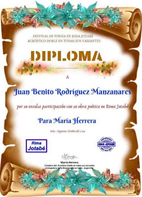 Diploma de participación en el Festival de poesía en Rima Jotabé, variante acróstico doble