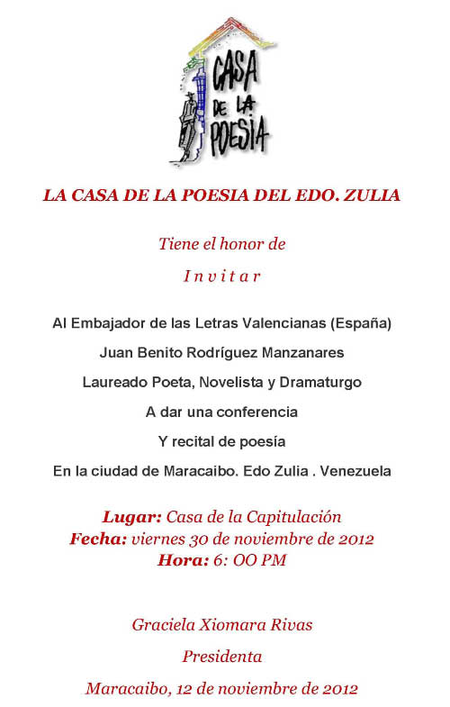 Invitacion de la Casa de la Cultura de Maracaibo (Venezuela)