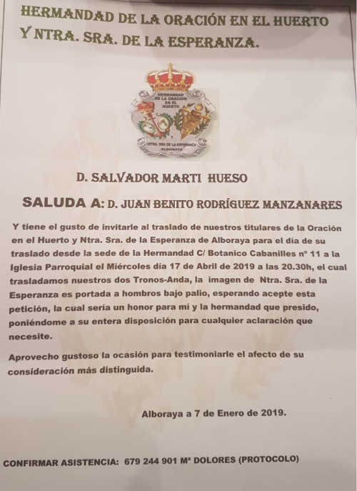 Invitación de la Hermandad de la Oración en el Huerto y Nuestra Señora de la Esperanza
