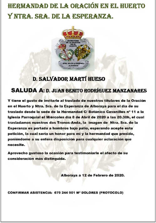 Invitación al traslado de los titulares de la Hermandad de la Oración en el Huerto y Nuestra Señora de la Esperanza