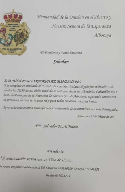 Invitación a la misa y recepción del Santísimo Cristo del Grao