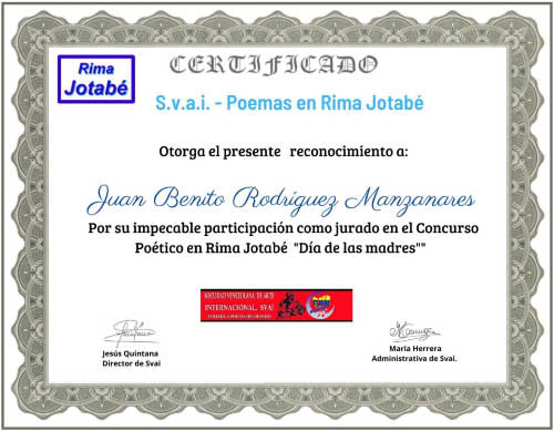 Certificado como jurado en el concurso literaria del Día de la Madre de SVAI