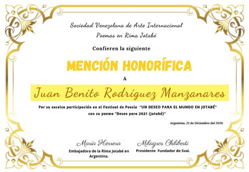 Mención Honorífica en el Festival de poesía Un deseo para el mundo en Jotabé