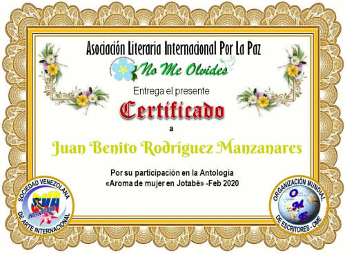 Certificade de participación en la antología Aromas de mujer