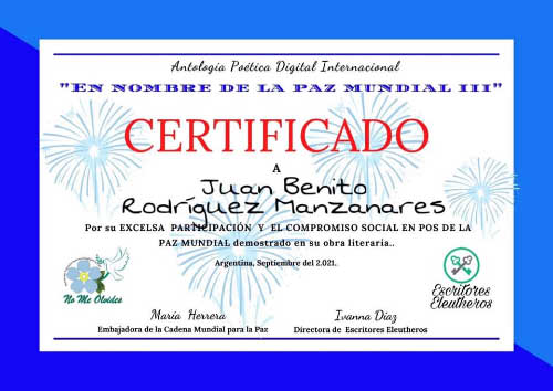 Diploma de participación en la antología digital internacional En nombre de la paz mundial III