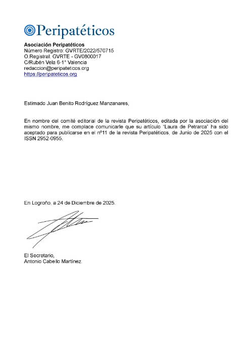 Certificado de publicación de mi artículo en la revista Peripatéticos número 11