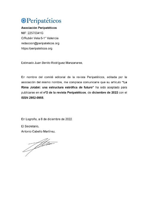 Certificado de publicación de mi artículo en la revista Peripatéticos número 2