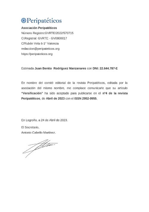 Certificado de publicación de mi artículo en la revista Peripatéticos número 4