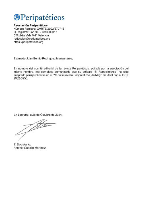 Certificado de publicación de mi artículo en la revista Peripatéticos número 8