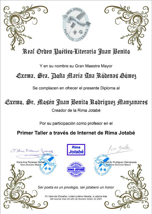 Diploma por mi participación como profesor en el Primer Taller Virtual de Rima Jotabé