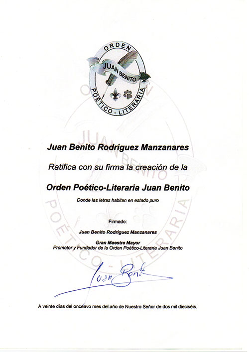 Ratificación de la creación de la Real Orden Poético-Literaria Juan Benito
