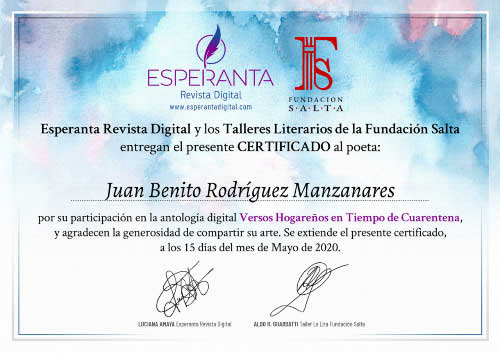 Certificado en la  participación en la antología Versos hogareños en tiempo de cuarentena