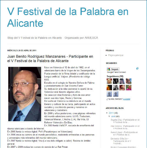 Reseñaen el blogdel V Festival de la Palabra de Alicante de la participación de Juan Benito