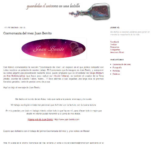 Cosmonauta del Mes. Febrero de 2013, en el Universo comprimido de la escritora y sicóloga, Roxy Varlow