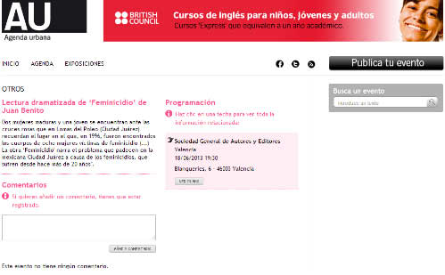 Publicidad de la obra, Feminicidio en la Web de la Agenda Urbana