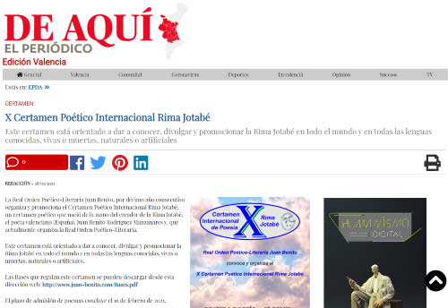 El diario El Periódico de aquí anuncia el X Certamen Poético Internacional Rima Jotabé