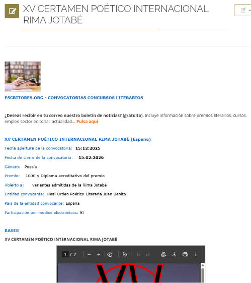 Escritores.org anuncia el XV Certamen Poético Internacional Rima Jotabé