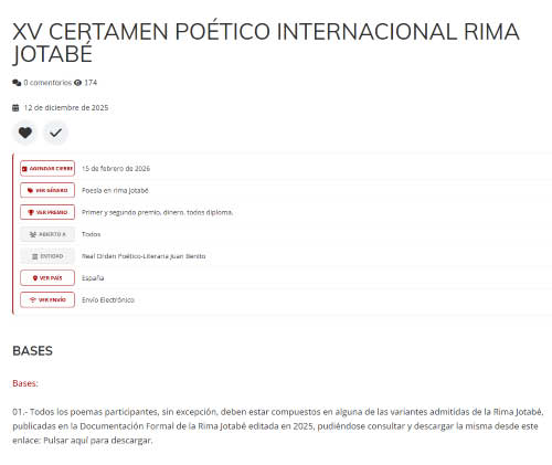 Finales Cerrados anuncia el XV Certamen Poético Internacional Rima Jotabé