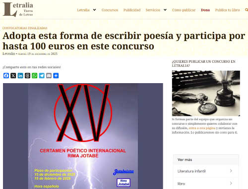 Letralia anuncia el XV Certamen Poético Internacional Rima Jotabé